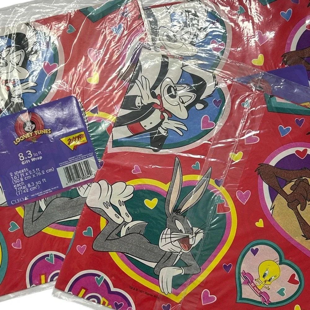 Vintage 90s Gift Wrap Looney Tones Square New Set of 3 Valentine's Day Theme